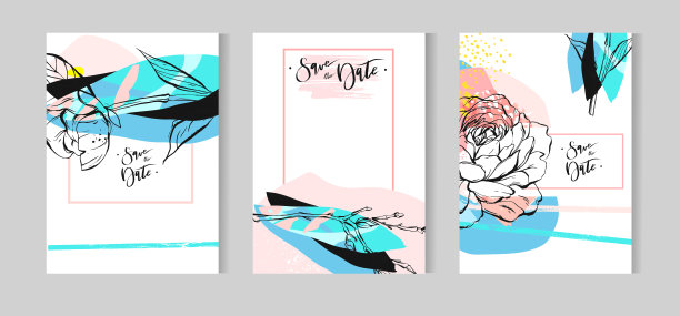 手绘矢量抽象创意不寻常的波西米亚婚礼保存日期卡模板集合集与图形牡丹花在柔和的颜色。婚礼，周年纪念，生日，派对邀请图片下载