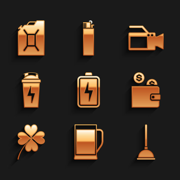 集电池，啤酒，橡胶柱塞，硬币钱包，四叶三叶草和健身摇瓶图标。向量图片下载