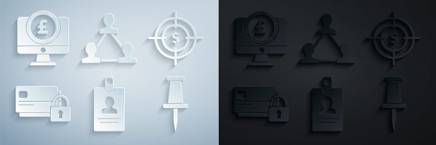 设置识别徽章，带有美元符号的目标，信用卡锁，推销，项目团队基地和计算机显示器英镑图标。向量图片下载