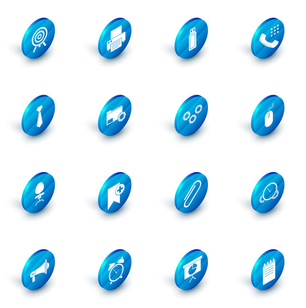 设置打印机，USB闪存驱动器，电话手柄，领带，办公椅，文件夹设置与齿轮，电脑鼠标和齿轮图标。向量图片下载