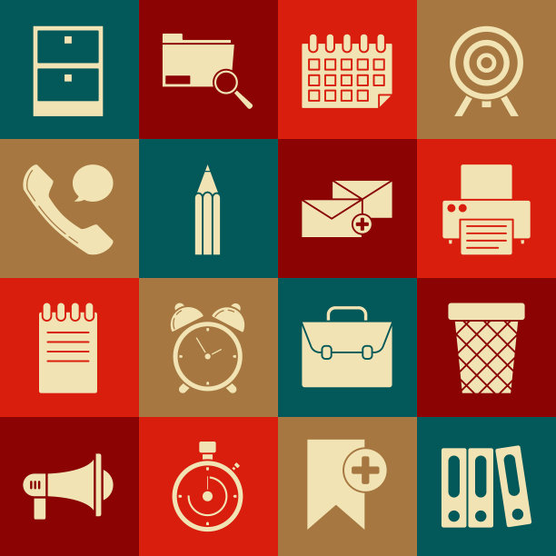 设置办公室文件夹与纸张和文件，垃圾桶，打印机，日历，铅笔，电话听筒语音气泡聊天，存档抽屉和信封图标。向量图片下载