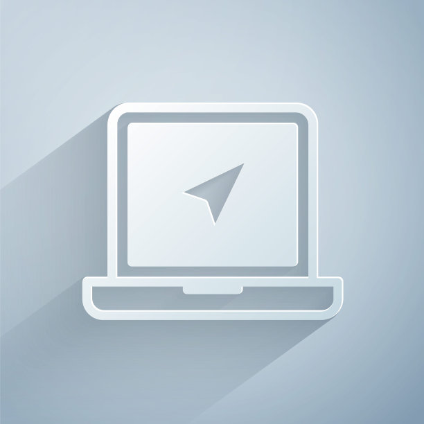 剪纸笔记本电脑与位置标记图标隔离在灰色背景。纸艺风格。向量图片下载