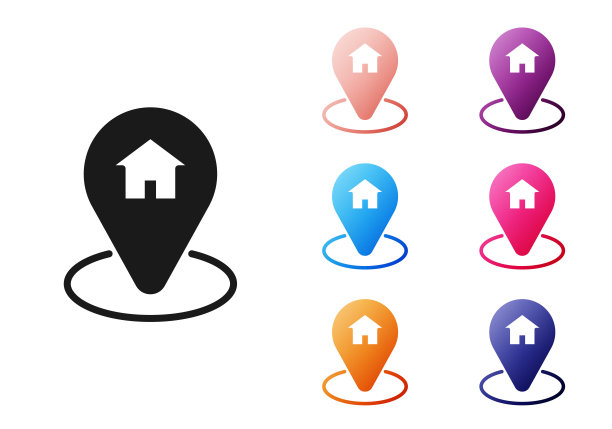 黑色地图指针与房子图标隔离在白色背景。主位置标记符号。设置图标彩色。向量图片下载