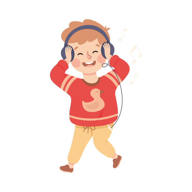 小男孩在耳机里听音乐矢量插图图片下载