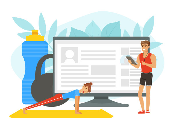 野蛮的男人运动教练与哨子给予指导和训练妇女与计算机矢量插图图片下载