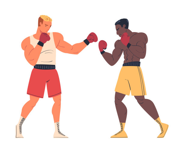两个肌肉发达的男子在运动服和拳击手套投掷拳在对方的环卡通矢量插图图片下载