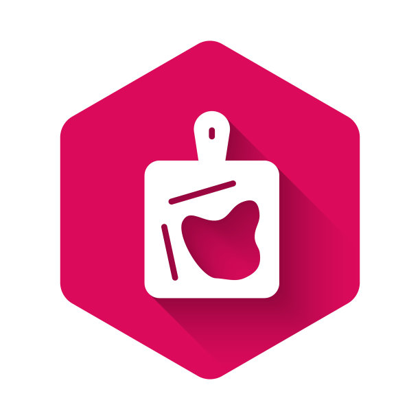 白色砧板图标与长阴影背景隔离。砧板符号。粉红色六边形按钮。向量图片下载