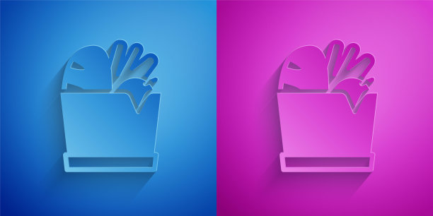 剪纸纸购物袋和食品图标隔离在蓝色和紫色的背景。食品店，超市。纸艺风格。向量图片下载