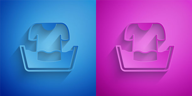 剪纸塑料盆与衬衫图标隔离在蓝色和紫色的背景。用碗加水。洗衣服，清洗设备。纸艺风格。向量图片下载