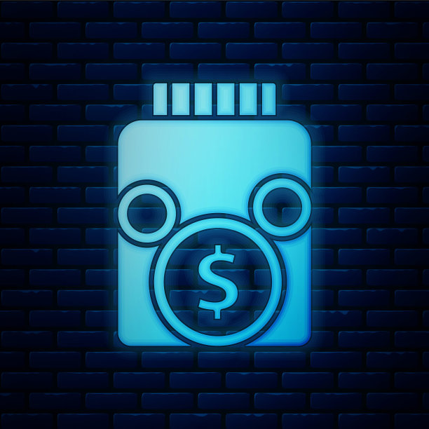 发光的霓虹灯玻璃钱罐与硬币图标隔离在砖墙背景。图标储蓄或积累金钱，投资。向量图片下载