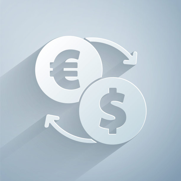 剪纸货币兑换图标孤立的灰色背景。欧元和美元现金转帐符号。银行货币标志。纸艺风格。向量图片下载