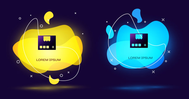 黑色纸箱纸箱图标孤立的黑色背景。盒子、包装、包裹标志。运输和包装。具有液体形状的抽象横幅。向量图片下载