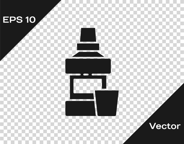 黑色漱口水塑料瓶和玻璃图标隔离在透明的背景。漱口液。Oralcare设备。向量图片下载