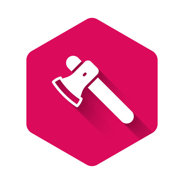 白色木斧图标孤立的长阴影。伐木工人斧头。粉红色六边形按钮。向量图片下载