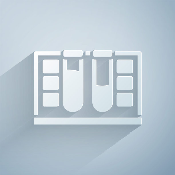 剪纸试管与水滴图标隔离在灰色背景。纸艺风格。向量图片下载