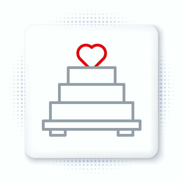 线婚礼蛋糕与心脏图标隔离在白色背景。色彩缤纷的轮廓概念。向量图片下载