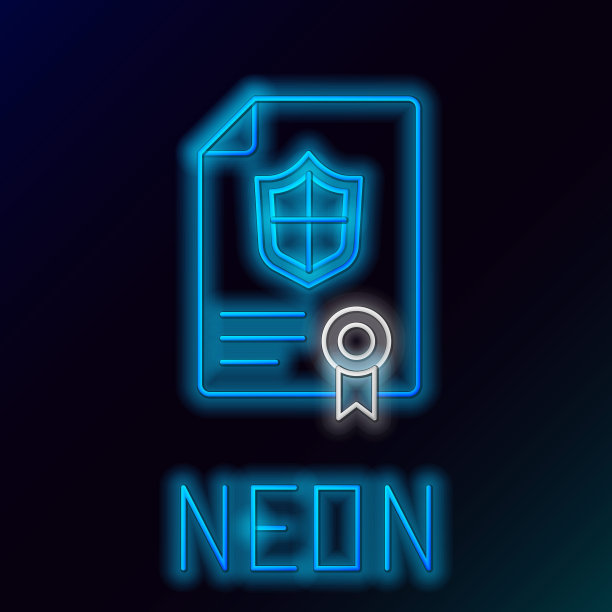 发光的霓虹灯线合同与盾牌图标孤立的黑色背景。保险的概念。安全、安全、保护、保护的理念。色彩缤纷的轮廓概念。向量图片下载
