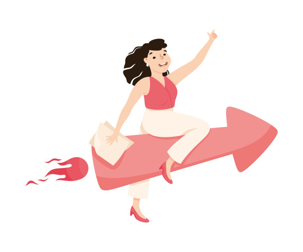 快乐的女商人在鞭炮上飞行。创业成功，创意创意，创新，创业概念卡通矢量插画图片下载