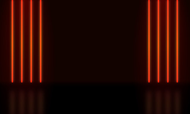 抽象现实的蓝色三维圆柱体基座基座。具有垂直发光霓虹灯线的科幻黑暗抽象房间。矢量渲染模型产品显示。未来场景，舞台展示。图片下载