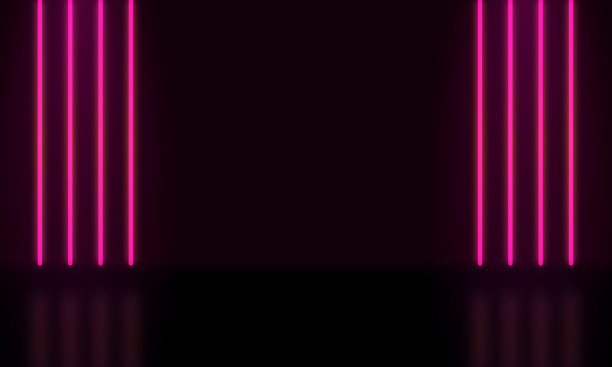 抽象现实的蓝色三维圆柱体基座基座。具有垂直发光霓虹灯线的科幻黑暗抽象房间。矢量渲染模型产品显示。未来场景，舞台展示。图片下载