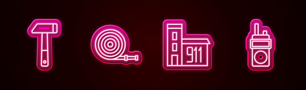 设置线锤、消防水带卷筒、消防站大楼和对讲机。发光的霓虹灯图标。向量图片下载
