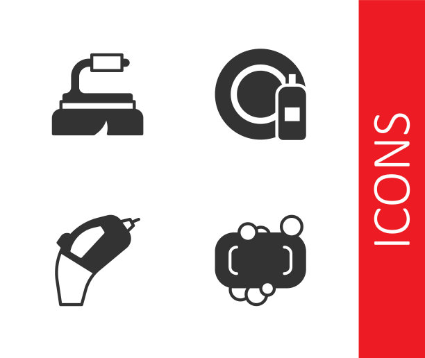 设置肥皂条，清洁刷，便携式吸尘器和洗碗机的瓶子和盘子图标。向量图片下载