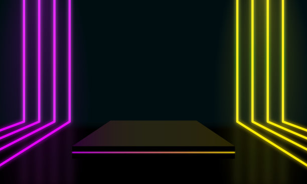 抽象现实的蓝色三维圆柱体基座基座。具有垂直发光霓虹灯线的科幻黑暗抽象房间。矢量渲染模型产品显示。未来场景，舞台展示。图片下载