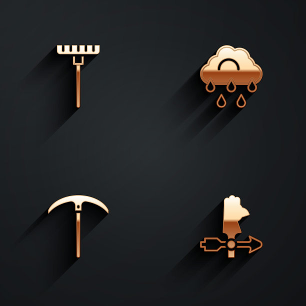 集花园耙，云与雨，鹤嘴锄和公鸡风向标图标与长阴影。向量图片下载