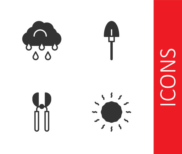 日落，云与雨，园艺剪刀和铲子图标。向量图片下载