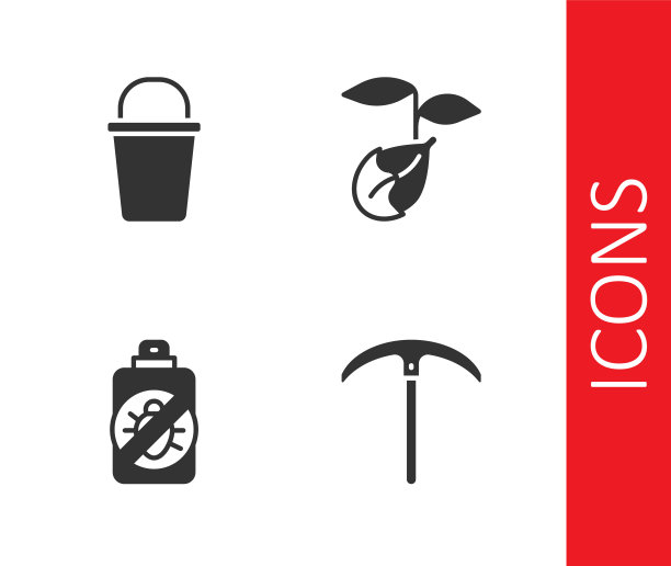 设置镐，桶，喷雾对抗昆虫和发芽图标。向量图片下载