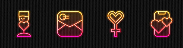 女性性别符号，香槟杯，情人节爱心信封和在线手机约会应用程序。发光的霓虹灯图标。向量图片下载