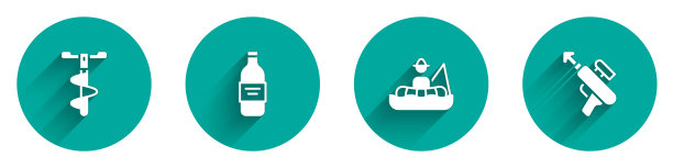 集手冰钻，一瓶伏特加，渔民在船上和钓鱼鱼叉图标与长阴影。向量图片下载