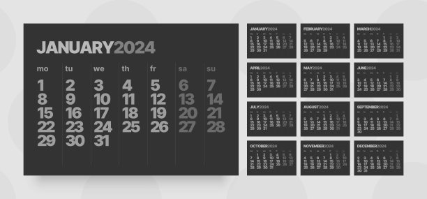 月历为2024年。周一开始。图片下载