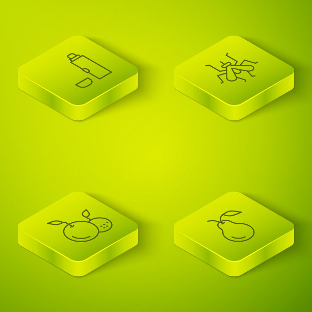 设置等距线蚊子，水果，梨和保温瓶容器图标。向量图片下载