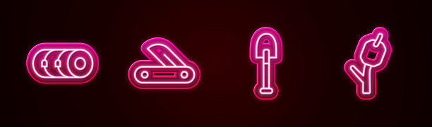 设定线毯卷，瑞士军刀，铲和棉花糖棒。发光的霓虹灯图标。向量图片下载