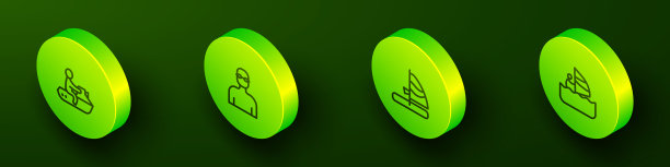 设置等距线喷气滑雪，游泳，风帆冲浪和图标。向量图片下载