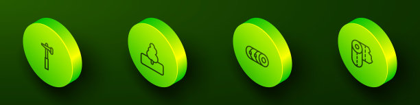 设置等距线锤，树，毯卷和纸巾图标。向量图片下载