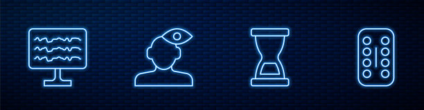 固定线旧沙漏，脑电图，解决心理问题，镇静药片。砖墙上发光的霓虹灯图标。向量图片下载