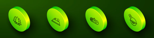 集等距线圣诞树，木材平面工具，原木和电动圆锯图标。向量图片下载