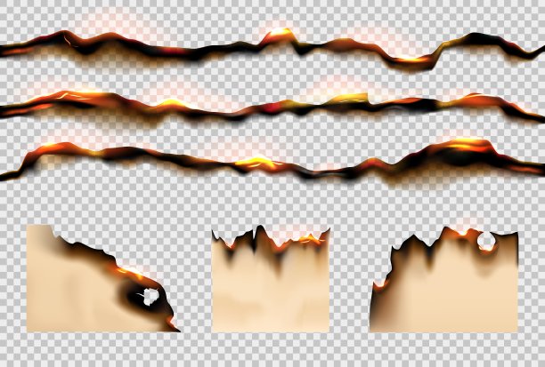 燃烧的纸。烧焦的碎片。又脏又破的羊皮纸。焦黑的边缘。火焰中的床单。阴燃破坏灰烬。粗糙撕裂的边界与火。矢量透明背景图片下载
