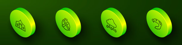 设置等距线旅游帐篷，水壶，云与雨和蛇的图标。向量图片下载