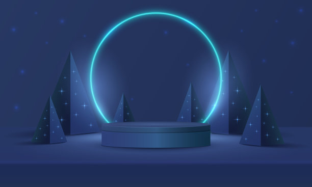抽象逼真的3D圆柱基座裙台，圆形霓虹灯背景。红的、绿的金字塔圣诞树。最小的墙场景模型产品展示。圣诞快乐，新年快乐。图片下载
