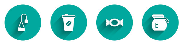 设置茶包，咖啡杯带走，糖果和锅图标长阴影。向量图片下载