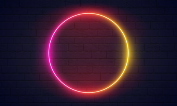 未来科幻现代霓虹梯度发光圈框架横幅在黑暗空垃圾混凝土砖背景。矢量复古紫色，粉红色，蓝色，紫罗兰色的灯光。复古霓虹灯招牌图片下载
