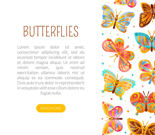 美丽的蝴蝶登陆页面模板。可爱的鲜艳多彩的昆虫网站界面与地方的文字矢量插图图片下载