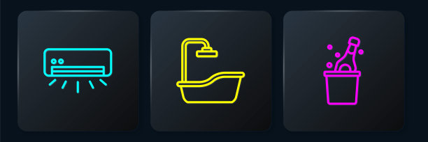 空调，香槟酒和浴缸。黑色方形按钮。向量图片下载