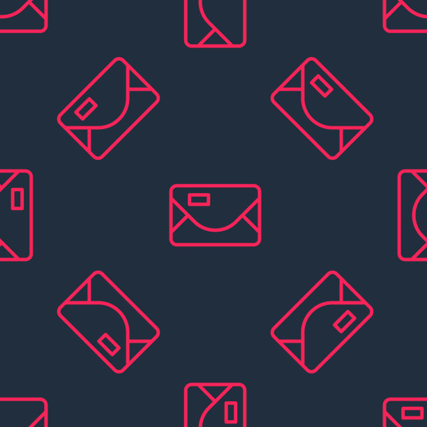 红线信封与圣诞派对邀请卡图标隔离无缝图案黑色背景。圣诞快乐，新年快乐。向量图片下载