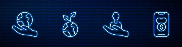 设定关爱他人、牵手地球仪、义工队植树、慈善捐款。砖墙上发光的霓虹灯图标。向量图片下载