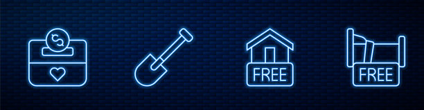 免费送货上门，捐赠慈善，铲和过夜留宿。砖墙上发光的霓虹灯图标。向量图片下载