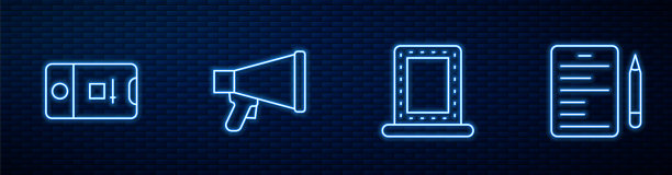 设置线化妆镜，灯光，照片和视频拍摄，扩音器和场景。砖墙上发光的霓虹灯图标。向量图片下载